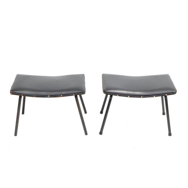 Pair of Pierre Guariche French black benches or stools in steel & distressed faux leather 1960 designed. Hand stitched...