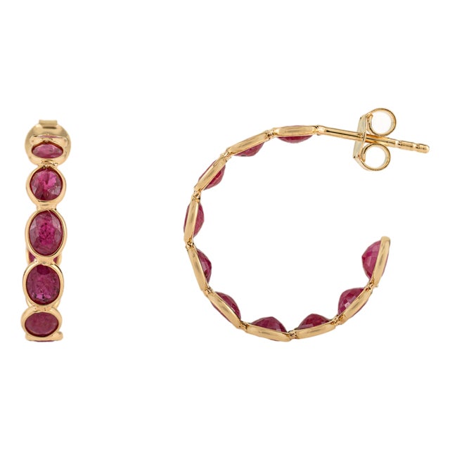 Oval Cut 5.25 Carat Ruby Handmade Hoop Earrings in 18k Gold- A Pair For Sale