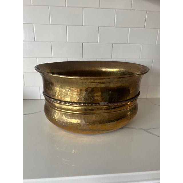 Mid 20th Century Large Vintage Hammered Brass Planter With Rope Detail For Sale - Image 5 of 6