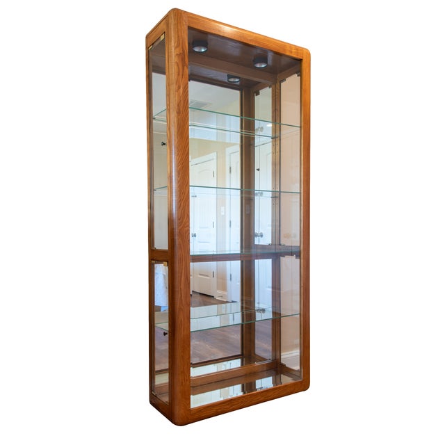 Vintage-Style Tall Oak Curio Display Cabinet W/ Illuminated Glass Shelves, Magnetic Doors & Antique Brass Knobs For Sale - Image 4 of 18
