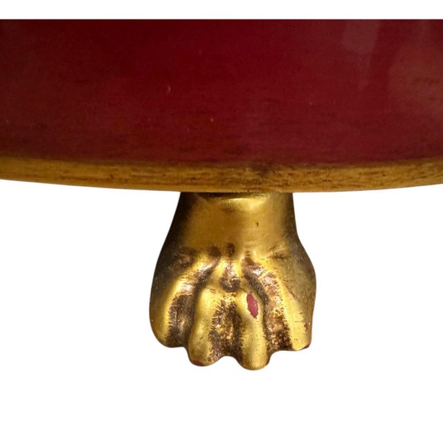 Metal Vintage Large Italian Tole Gilt & Cranberry / Burgundy Red Monteith Cache Pot / Jardinere / Planter With Lion Head Rings and Paw Feet For Sale - Image 7 of 8