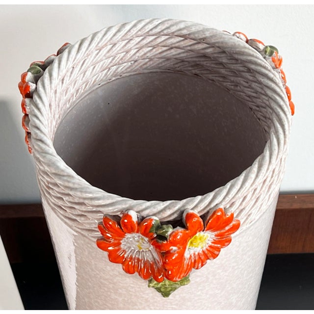 Bitossi Vintage Italian Ceramic White Floor Vase / Umbrella Stand W/ Orange Aster Flowers For Sale - Image 4 of 9