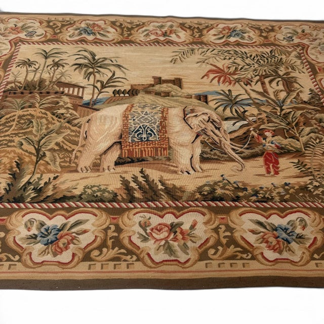 1970s Handmade Chinese Aubusson-Style Elephant Tapestry, Vintage For Sale - Image 5 of 6