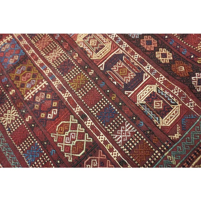 Fantastic Claret Ground Color Distinctive Figures Geometric Design Caucasian Silk & Wool Verneh Flat-Weave Rug For Sale - Image 9 of 14