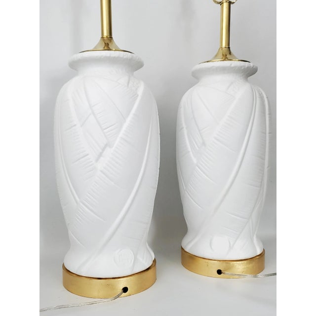 Lamp Pair White Plaster Palm Tree Leaf Restored Large For Sale - Image 11 of 13