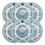 English Blue & White Transferware Pheasants Thanksgiving Dinner Plates - Set of 6 For Sale