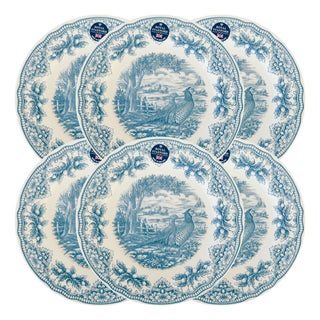 English Blue & White Transferware Pheasants Thanksgiving Dinner Plates - Set of 6 For Sale