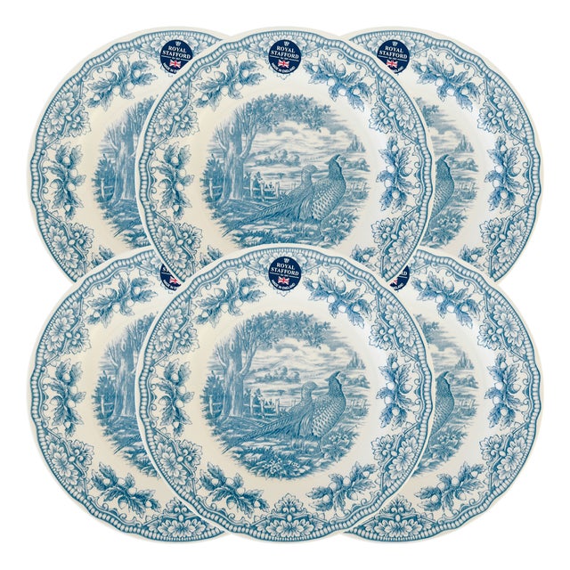 English Blue & White Transferware Pheasants Thanksgiving Dinner Plates - Set of 6 For Sale