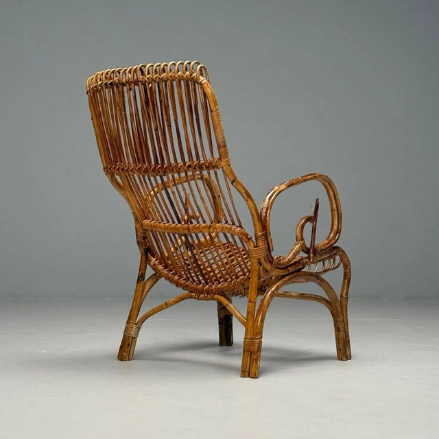 Brown Italian Mid-Century Modern, Armchair, Rattan, Cane, Bamboo, Italy, 1960s For Sale - Image 8 of 10