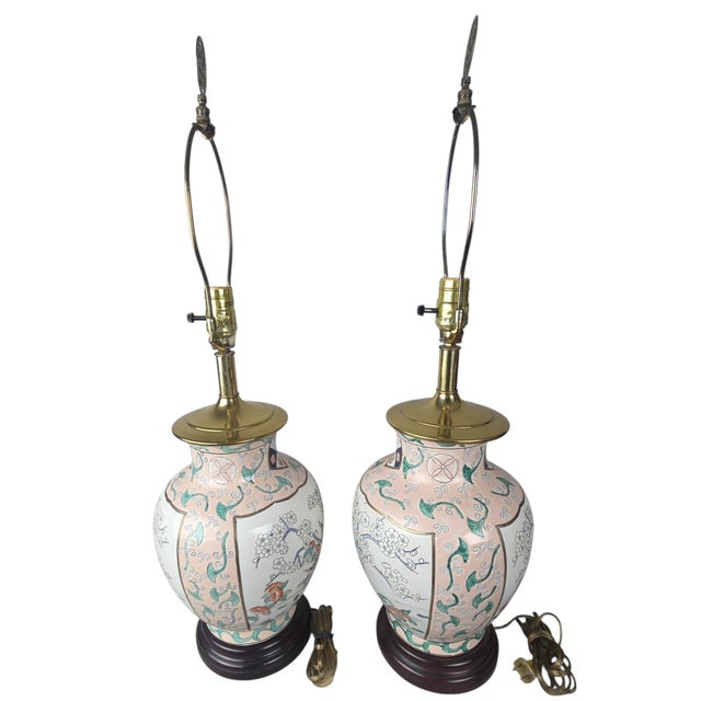 Chinoiserie Pair of Chinoiserie Porcelain Ginger Jar Table Lamps With Cranes and Prunus, Pink For Sale - Image 3 of 10