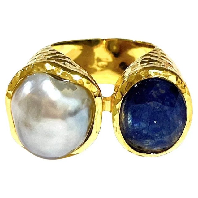 Bochic “Orient” Blue Sapphire & Pearl Vintage 2 Gem Ring Set 18K & Silver, Size 9.5 For Sale