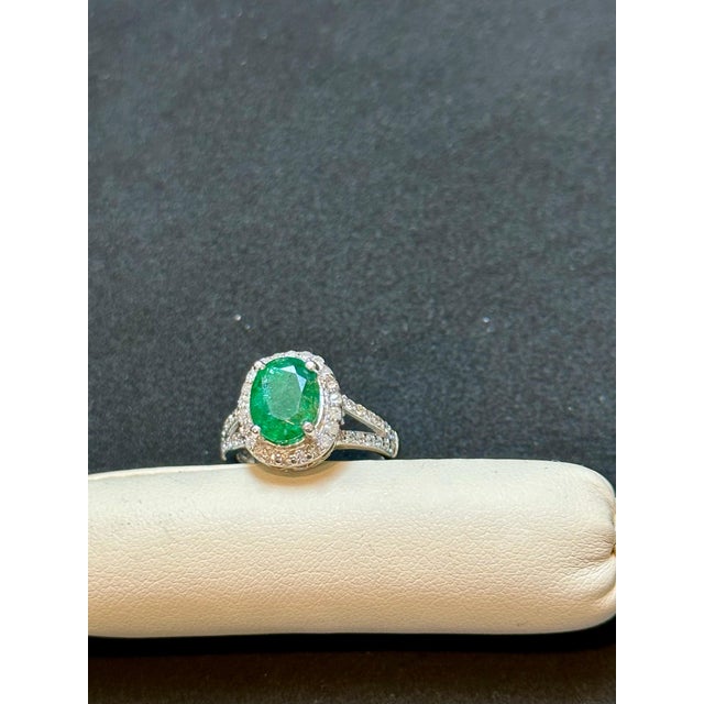 Green 3.5 Carat Oval Natural Zambian Emerald & 1.8 Ct Diamond Ring 14 Karat White Gold For Sale - Image 8 of 8