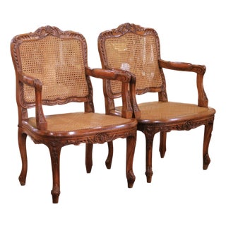 Pair Mid-Century French Louis XV Style Walnut Caned and Leather Desk Armchairs For Sale
