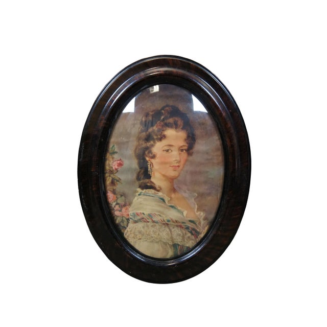 Traditional 2 Antique Colonial Oval Painted Grain Bubble Glass Lithograph Portrait Prints For Sale - Image 3 of 11