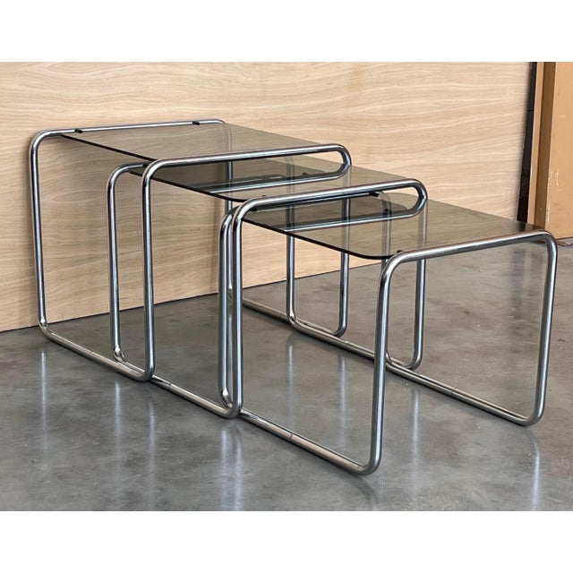 Mid 20th Century Mid 20th Century Cantilevered Chrome & Glass Nesting Tables with Fume Glasses For Sale - Image 5 of 18
