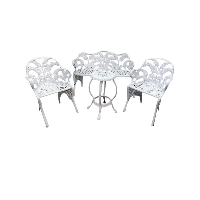 White Hollywood Regency Wrought Iron Patio Furniture Set In Fern