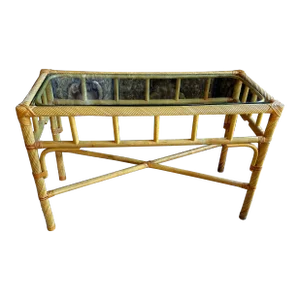 1980s Vintage Glass Top Bamboo Console Table