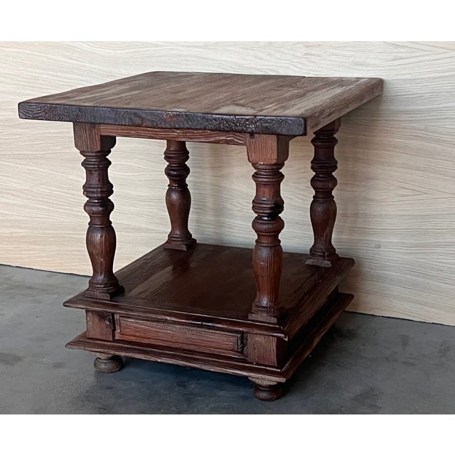 Pair of Spanish Brutalist Walnut Side or Coffee Tables with low shelve Dimensions: Height: 20.08 in (51 cm)Width: 19.69 in...