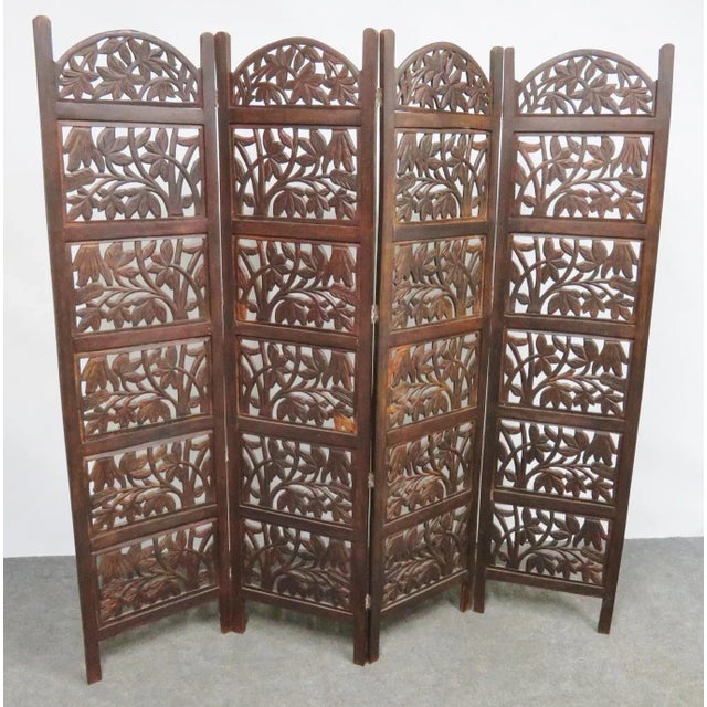 Anglo Indian 4 panel folding screen, carved leaf designs. A great styling piece!
