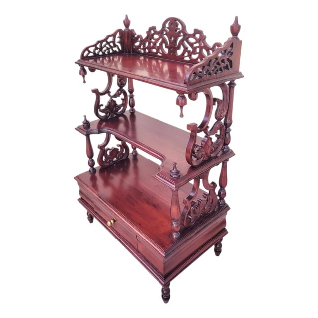 Vintage Traditional Fretwork Cherry Red 1 Drawer 3 Shelf Shelving Unit Etagere For Sale