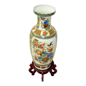 Ornate Floral and Avian Motif Ceramic Vase Adorned With Hobnails