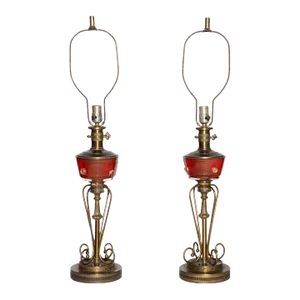 Tall Red Murano Glass and Brass Oil Lamp Style Table Lamps, 1940s - A Pair