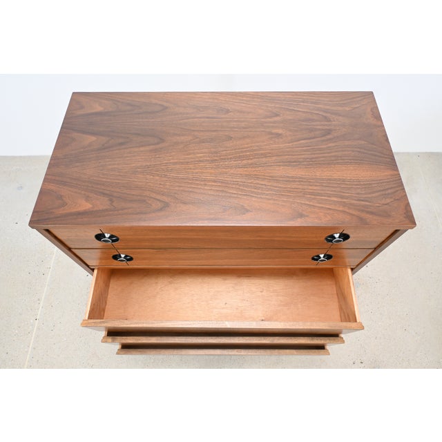 Brown Stanley Furniture Walnut 5-Drawer Mid-Century Modern Highboy | Newly Refinished For Sale - Image 8 of 12