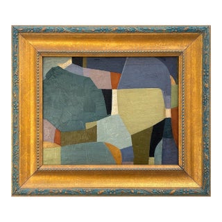 Contemporary Teal Blue Abstract Oil Painting in Vintage Frame For Sale