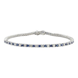 18k White Gold 1.39ct Natural Blue Sapphire and Diamond Tennis Bracelet For Sale