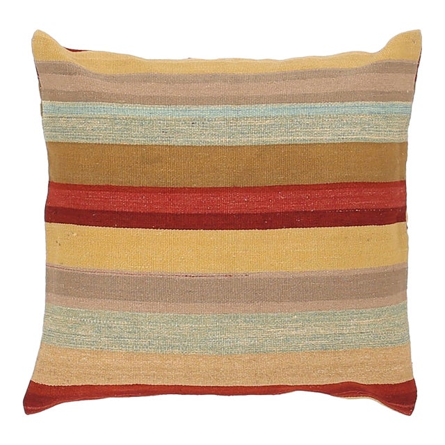 Arteverk Sand & Brown Striped Kilim Floor Pillow 26" X 26", Reversible Handwoven Wool & Cotton For Sale
