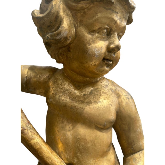 Large 18th C. Italian Baroque Carved, Gilded, Silvered Wood Putto Figure Seated. For Sale In West Palm - Image 6 of 9