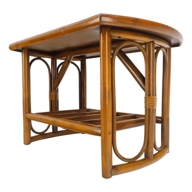 Bamboo Rattan Side End Table Mid Century Modern c1970s White Laminate Top MINT For Sale