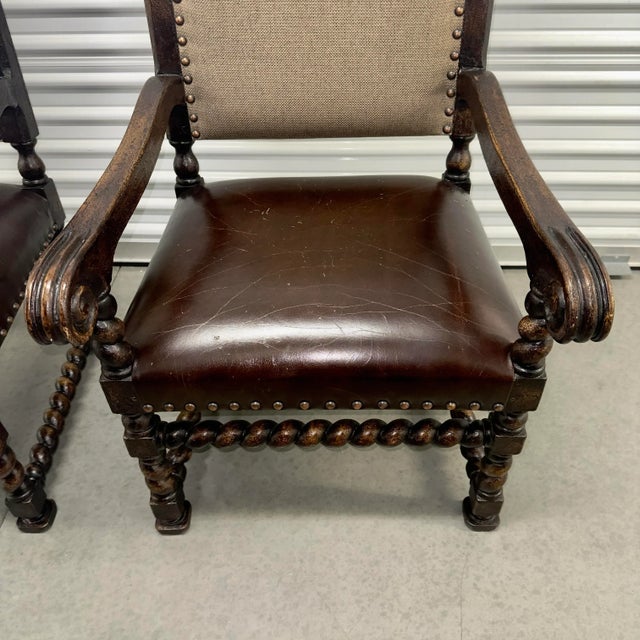 Rustic European 1960s Barley Twist Renaissance Revival Style Leather Arm Throne Chairs - Set of 2 For Sale - Image 3 of 12
