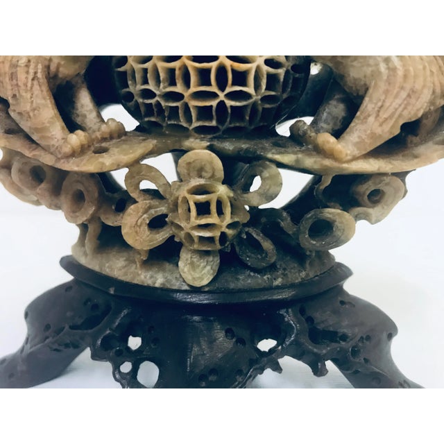 Vintage Carved Chinese Soapstone Incense Burner With Three Foo Dogs For Sale - Image 11 of 13