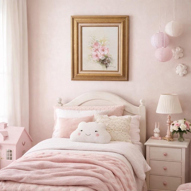 Lovely vintage oil painting on canvas featuring a soft, impressionistic bouquet of pink and white flowers, signed lower...