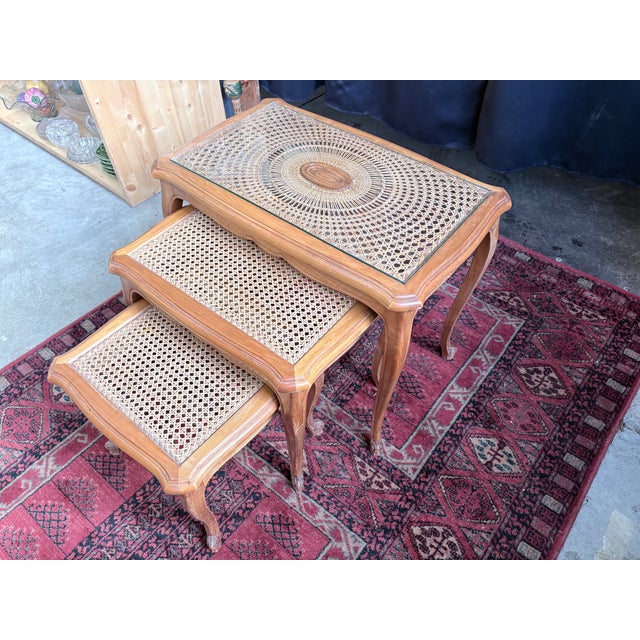 Vintage Nesting Tables in Wood and Caning Under Glass, Set of 3 For Sale - Image 6 of 12