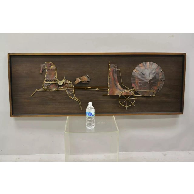 Vintage Mid Century Modern Brutalist Gilt Metal Horse & Chariot Wall Art For Sale - Image 10 of 11