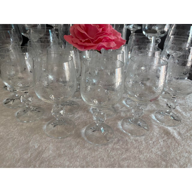 Cascade Etched Crystal Stemware • Complete 36‑Piece Service With Jewel‑Cut Sphere Stems For Sale In Phoenix - Image 6 of 11