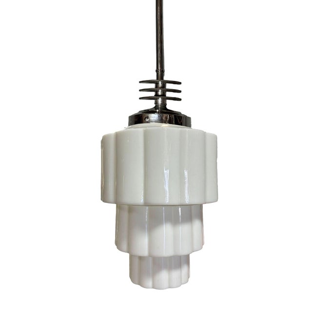 Art Deco 1930s Art Deco Chrome Streamline Pendant Light W/ Stepped Milk Glass Skyscraper Shade For Sale - Image 3 of 6