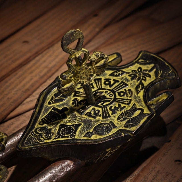 Vintage Bronze Buddha Head Padlock With Key and Auspicious Symbols For Sale - Image 4 of 9