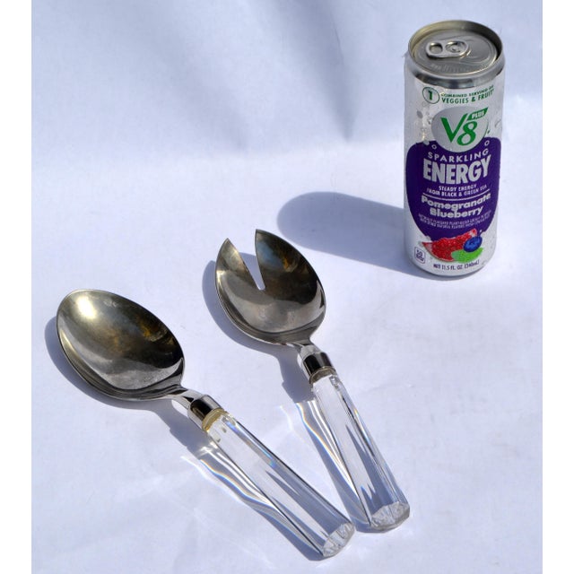 1960s Christofle Hotel Style Serving Silverplate Spoons Faceted Crystal Handle - Set of 2 For Sale - Image 9 of 12