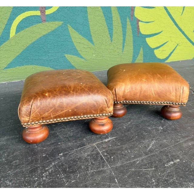 Brown Petite Patinated Leather Footstool Pair For Sale - Image 8 of 8