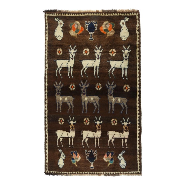 Brown 1950s Vintage Gabbeh Tribal Rug in Beige-Brown With White Animal Pictorial Patterns For Sale - Image 8 of 8