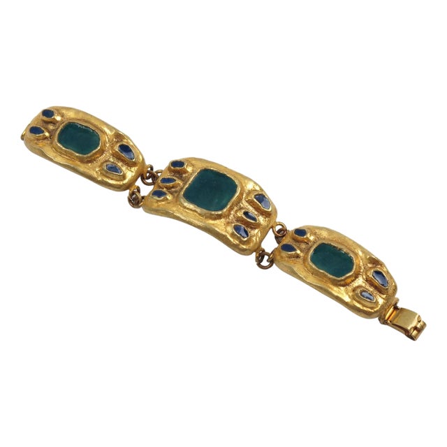French Designer Willy Gilt Bronze, Green Enamel Link Bracelet For Sale