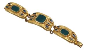 French Designer Willy Gilt Bronze, Green Enamel Link Bracelet