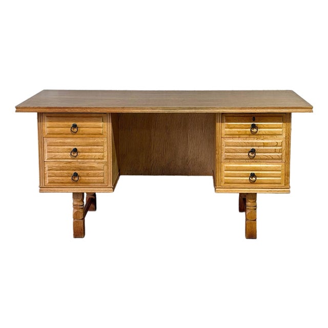 In Style of Henning Kjærnulf Oak Executive Desk With 6 Drawers Open Bookshelf Denmark Mid-Century Modern 1960s For Sale