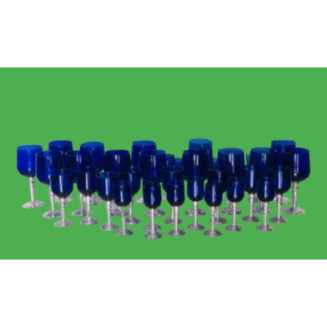 Metal Los Castillo Style Hand-Blown Cobalt Blue Glassware With Pewter Stems Set- 37 Pieces For Sale - Image 7 of 10