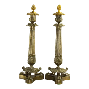 1820s-1830s French Empire Patinated & Gilt Bronze Candle Holders - a Pair