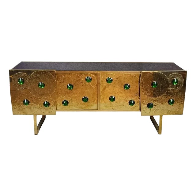 Brass & Black Glass Credenza With 24 Green Jewels Made in Italy For Sale