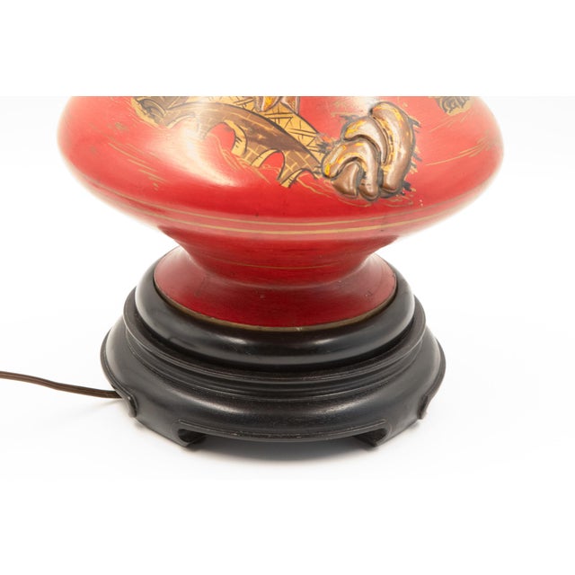 1960s Cinnabar Red Chinoiserie Table Lamps With Brass Fretwork Finials - a Pair For Sale - Image 12 of 16